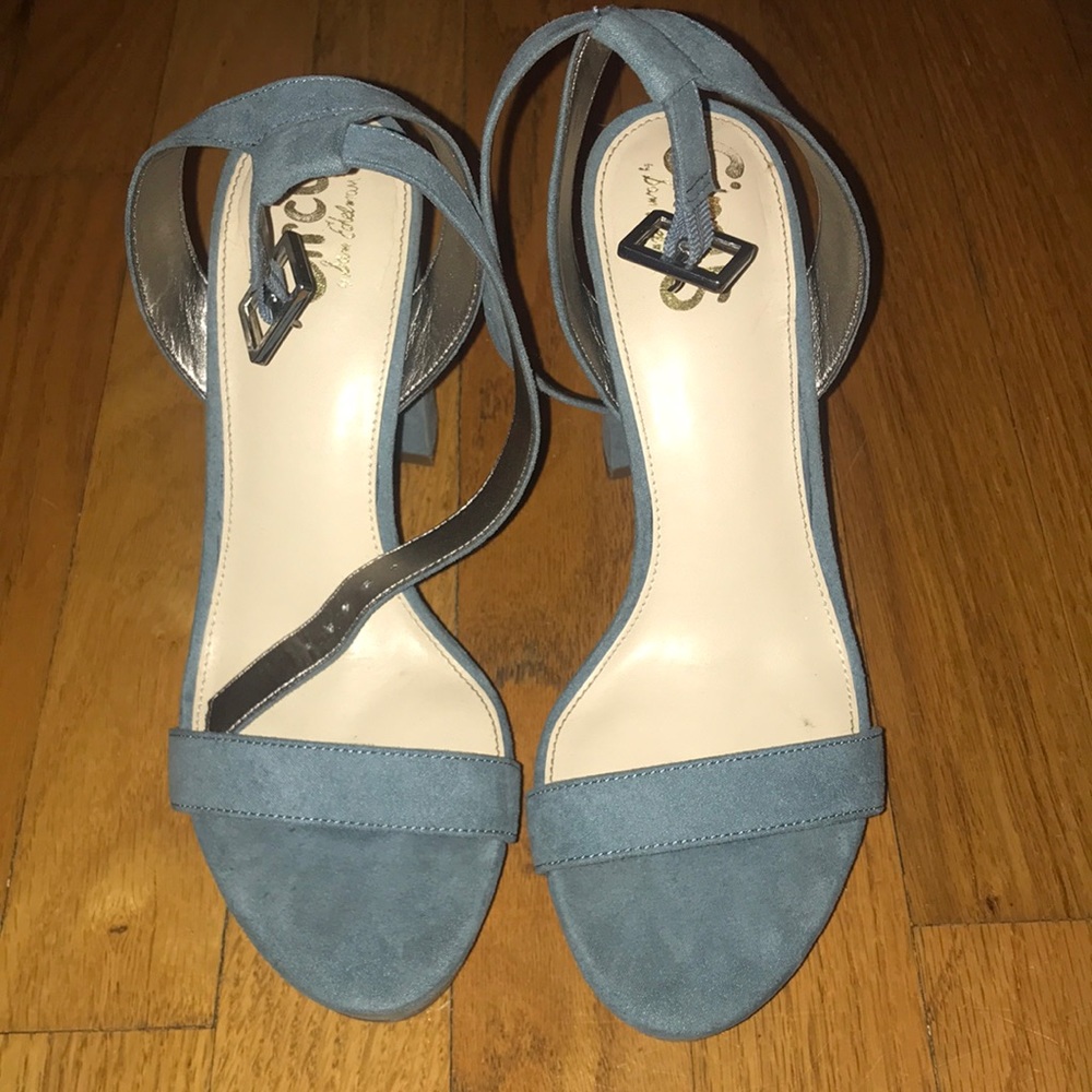 Blue suede strap heels